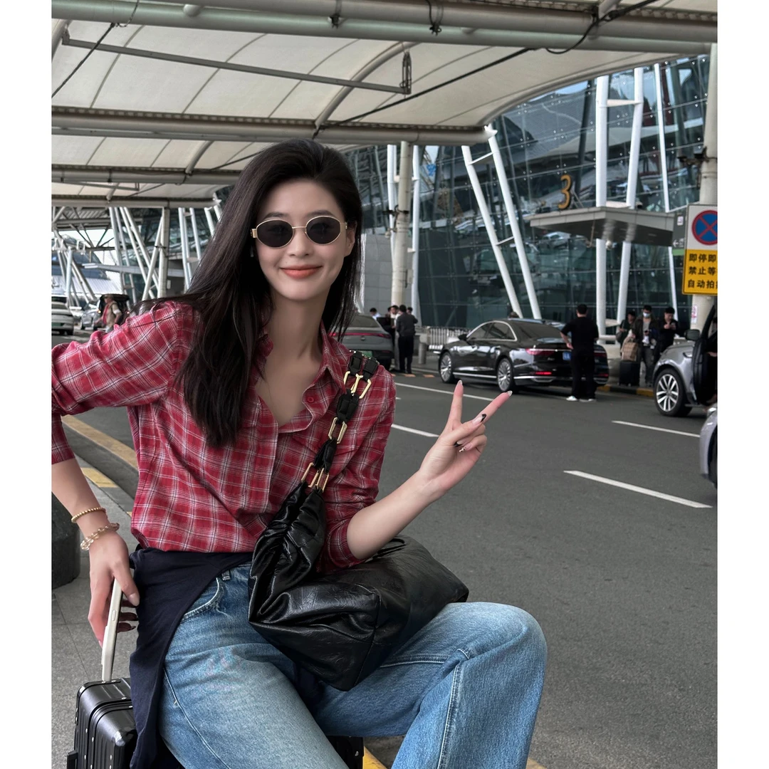 2025新款女装复古风减龄时尚粉色格子衬衫高级感百搭衬衣