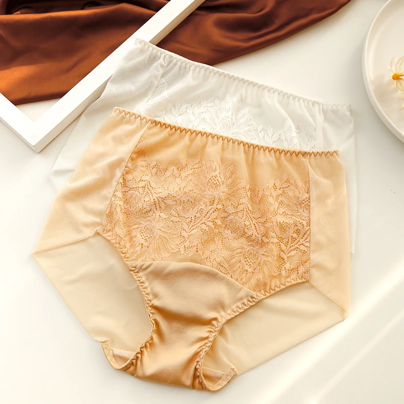 绣花内裤女桑蚕丝底裆透气提臀高腰性感蕾丝网纱三角短裤