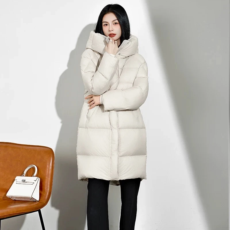 90白鸭绒羽绒服女中长款2024年新款高级感时尚保暖加厚连帽外套2