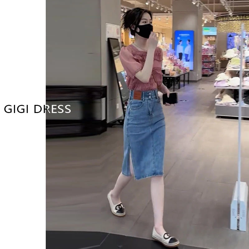 小个子侧开叉牛仔半身裙女夏薄款今年流行爆款高腰一步字包臀裙