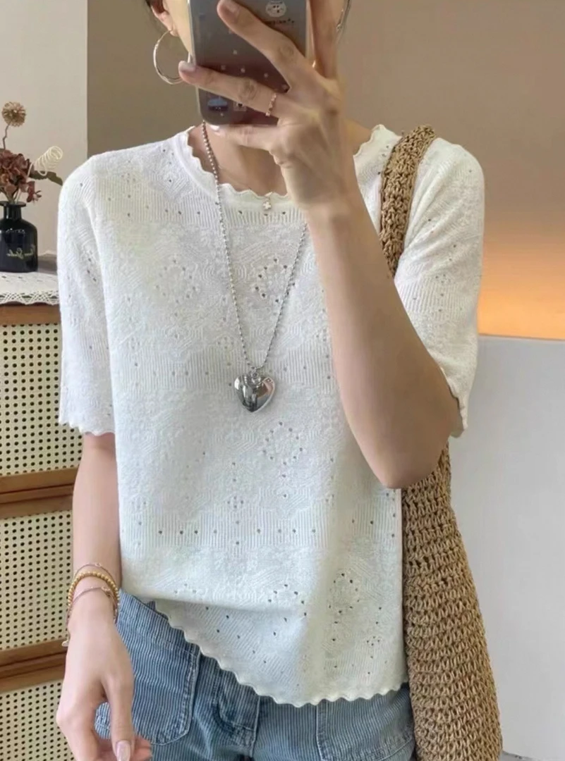 【波浪勾花T】小个子百搭薄款夏季新款镂空时尚针织短袖T恤女