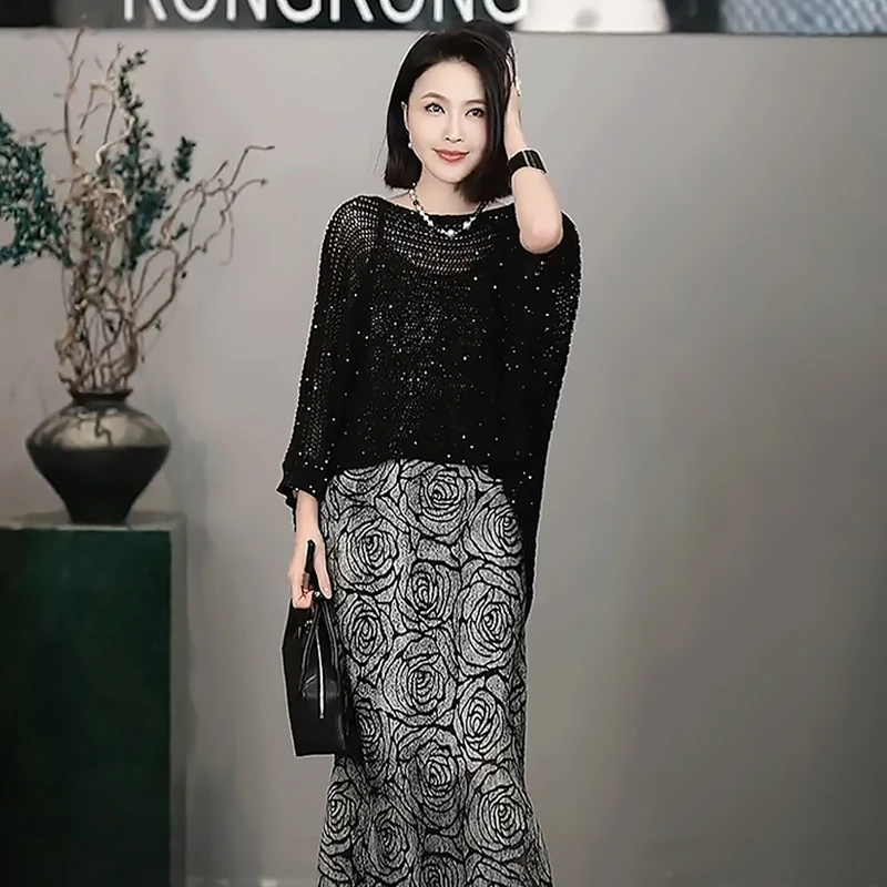 溶溶【诗夏星光】RONGRONG 圆领镂空钩花亮片蝙蝠袖松弛针织衫AW018