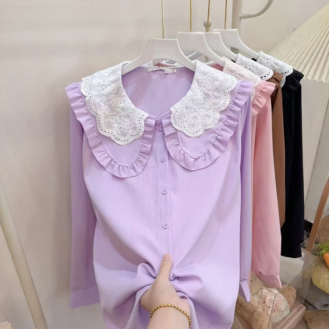 胖胖家*363新款刺绣娃娃领减龄甜美衬衫