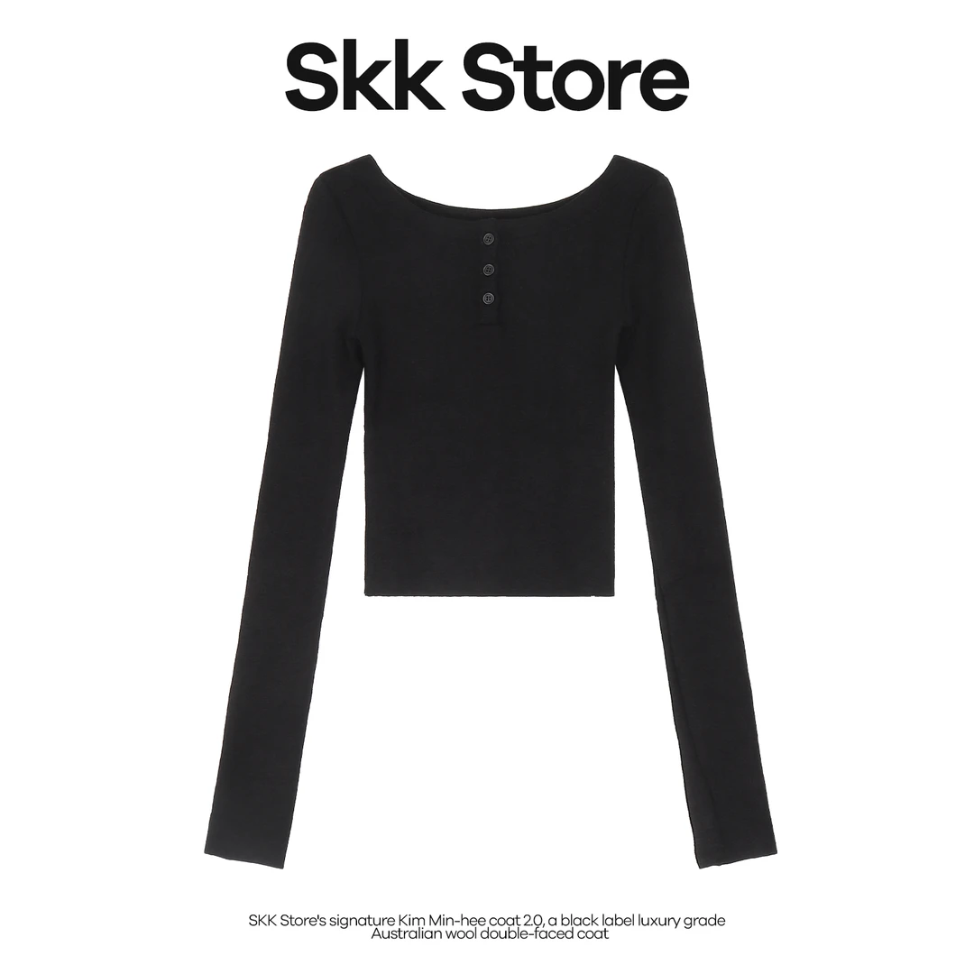 SKK8.18/20点 【青苍】 圆领纽扣长袖T恤上衣百搭打底衫女秋季