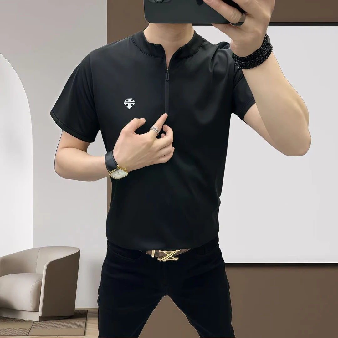 运动男士百搭免烫商务夏季时尚速干T恤立领常规款上衣短袖6606