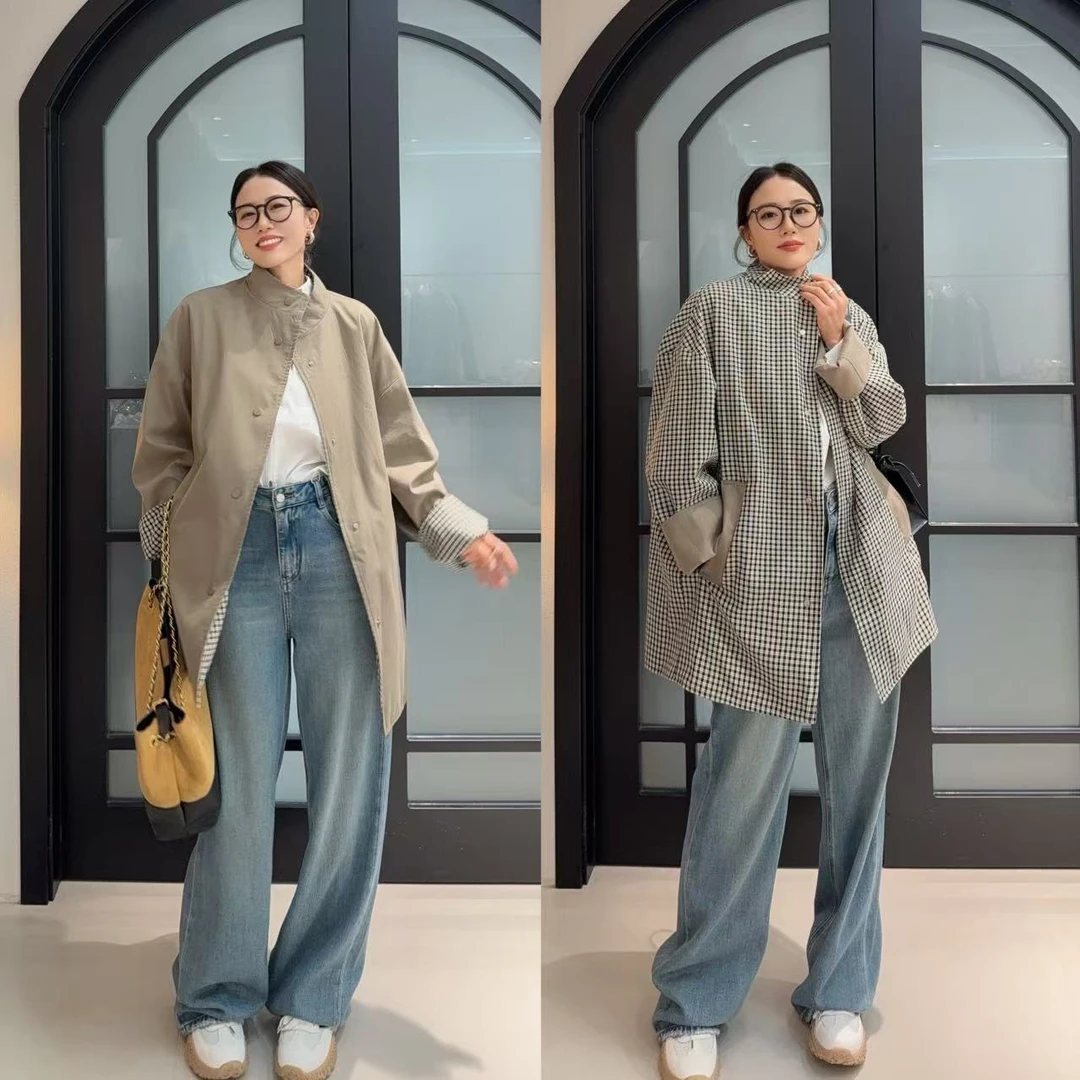 LIN -《双面客串》咖啡店的氛围感 黑白格慵懒风风衣外套女中长款秋