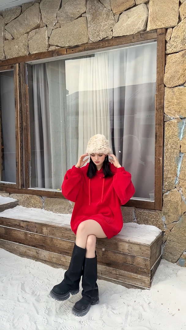 秋冬新款“灯芯绒“中国红轻奢高级百搭慵懒气质显瘦卫衣-151003