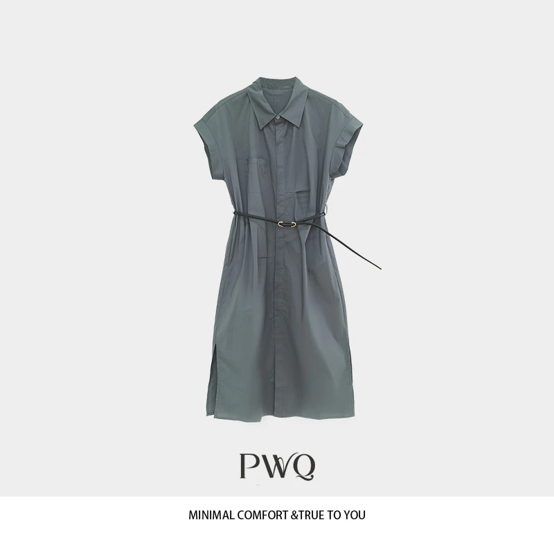 【浅夏之约】连衣裙衬衣领宽松腰带收腰一排扣工装裙女ZS-25504XL1