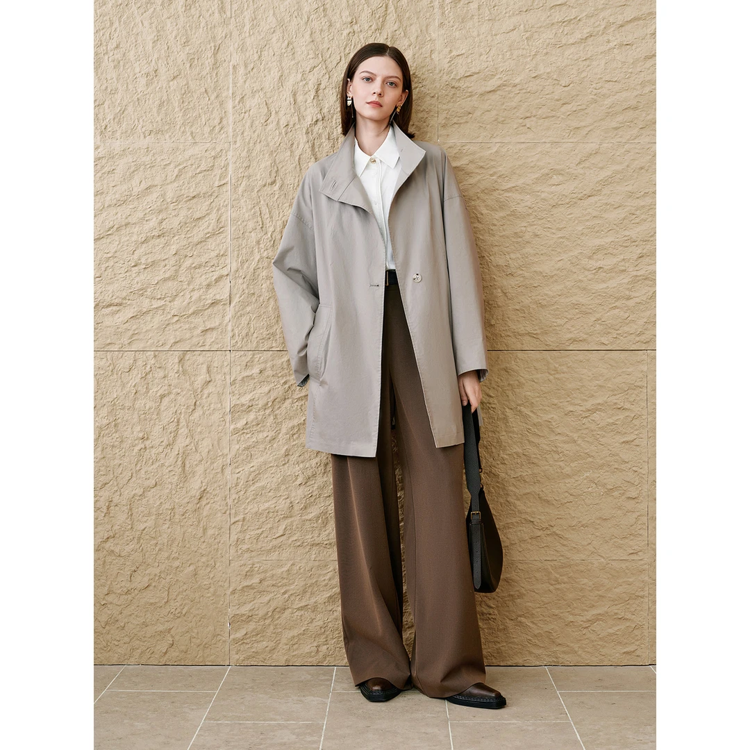 INSUN恩裳专选2025秋季高智感棉感中长款立领风衣外套9C65307040