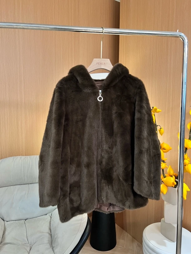 惠姐私服环保皮草水貂绒外套显高连帽毛毛大衣