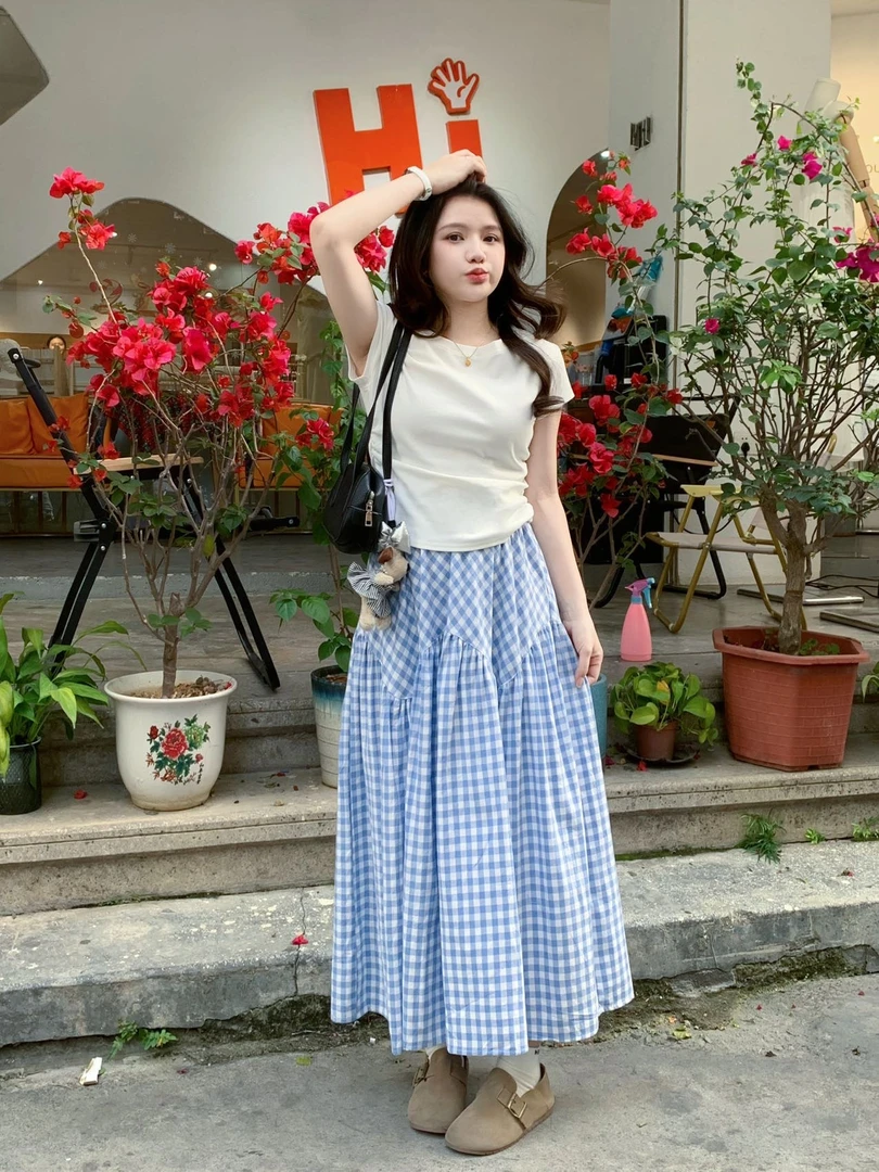 （运费补贴）夏季新款韩版文艺高腰显瘦遮胯百搭格子中长款A字裙女
