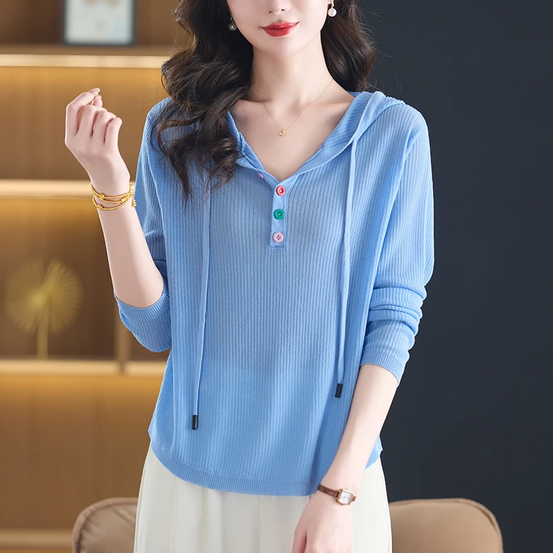 女士冰丝针织卫衣夏季新款连帽长袖t恤休闲时尚减龄百搭帽衫薄款