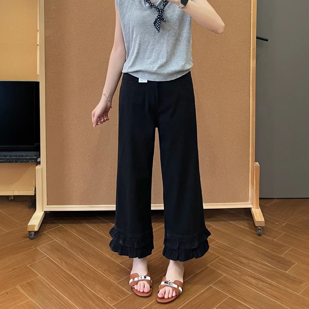 双层木耳花边牛仔裤女莱赛尔夏季薄款微胖大码宽松显瘦直筒九分裤