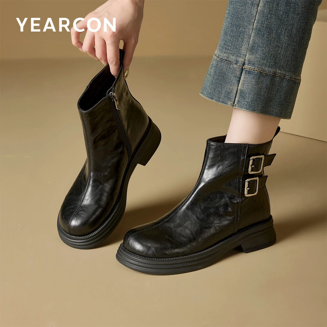 意尔康2025冬季羊皮真皮法式马丁靴短靴时装靴短靴粗跟筒增高女鞋