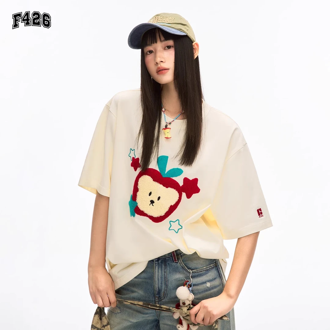F426夏季情侣休闲圆领卡通苹果圆领潮流百搭t恤夏日穿搭0113 0114