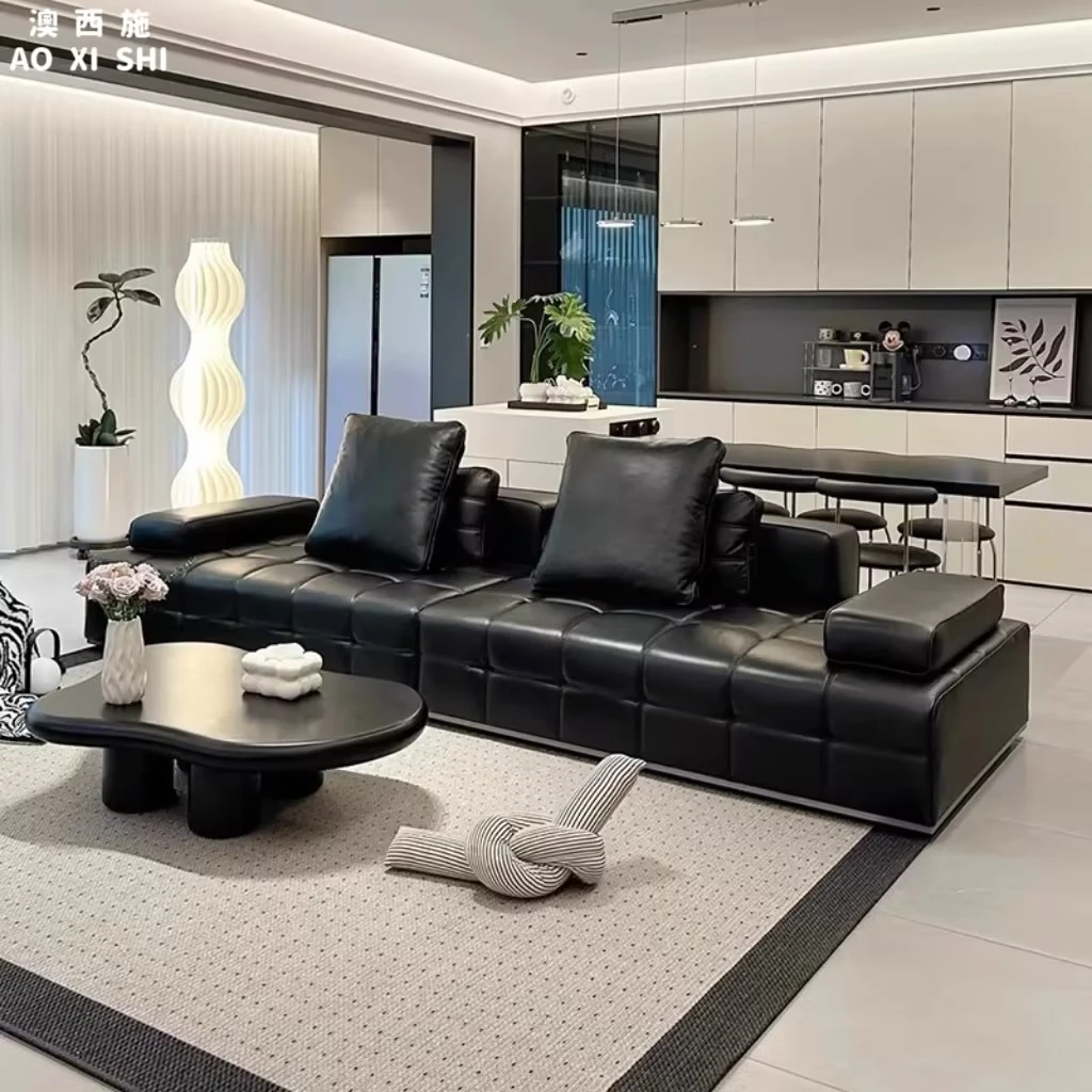 澳西施黑色劳伦斯直排真皮沙发大平层意式极简客厅设计师皮艺沙发