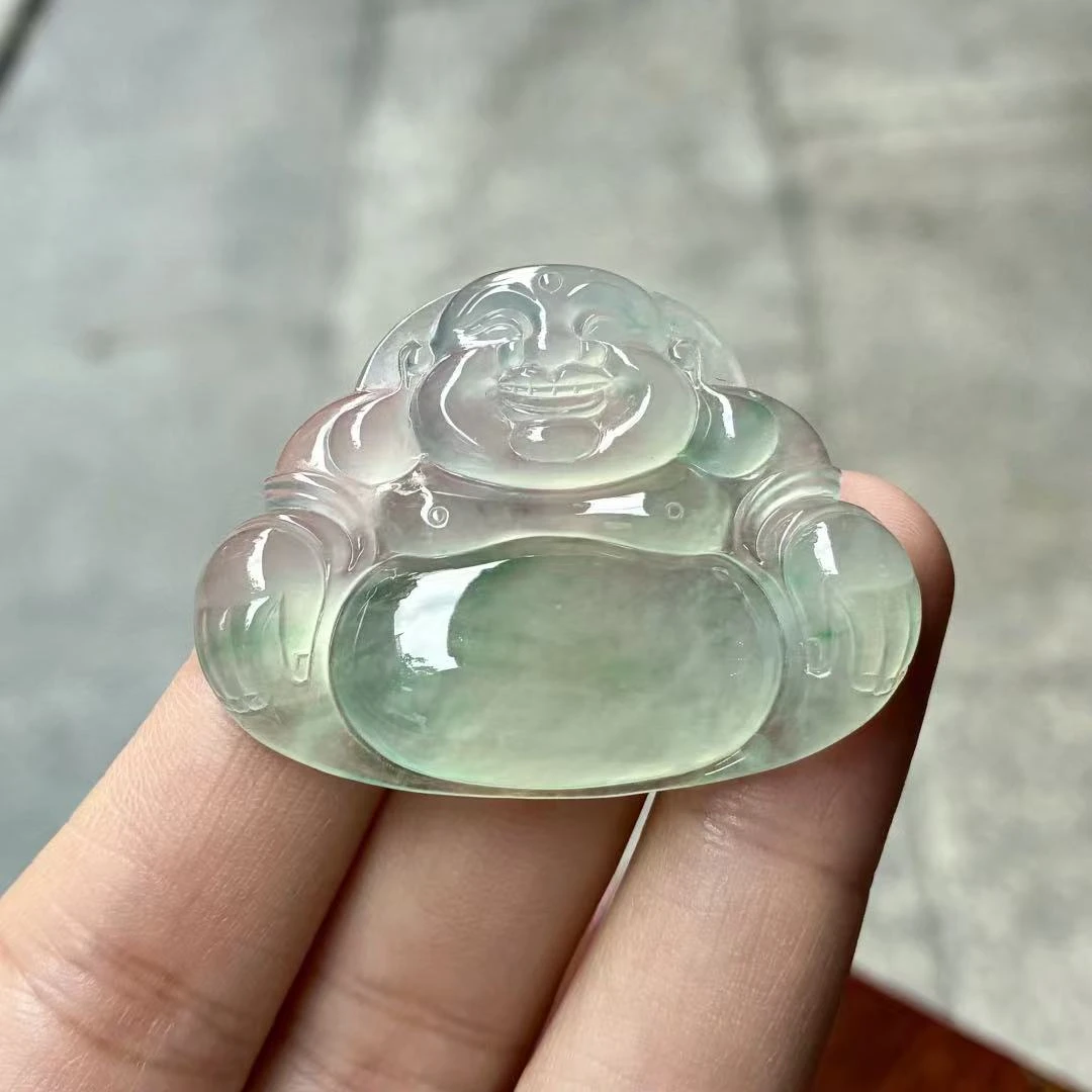 天然a货缅甸翡翠冰飘绿花佛公吊坠,质地干净细腻,尺寸32/42.1/6