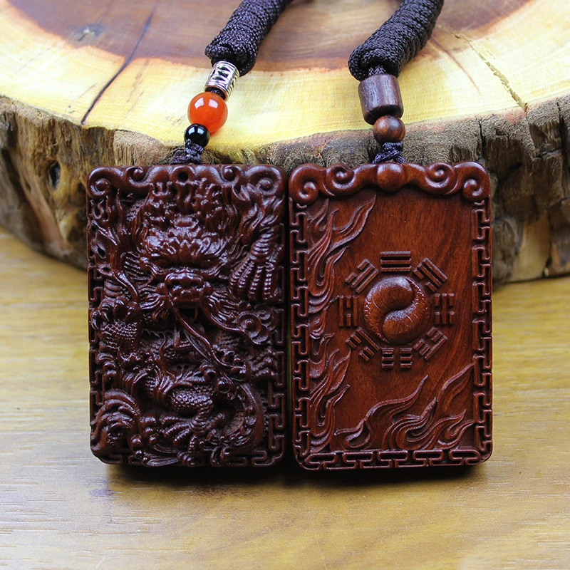 铜木质吊坠 天然雷击枣木雕刻龙牌凤凰吊坠双面精雕木质项链纯手