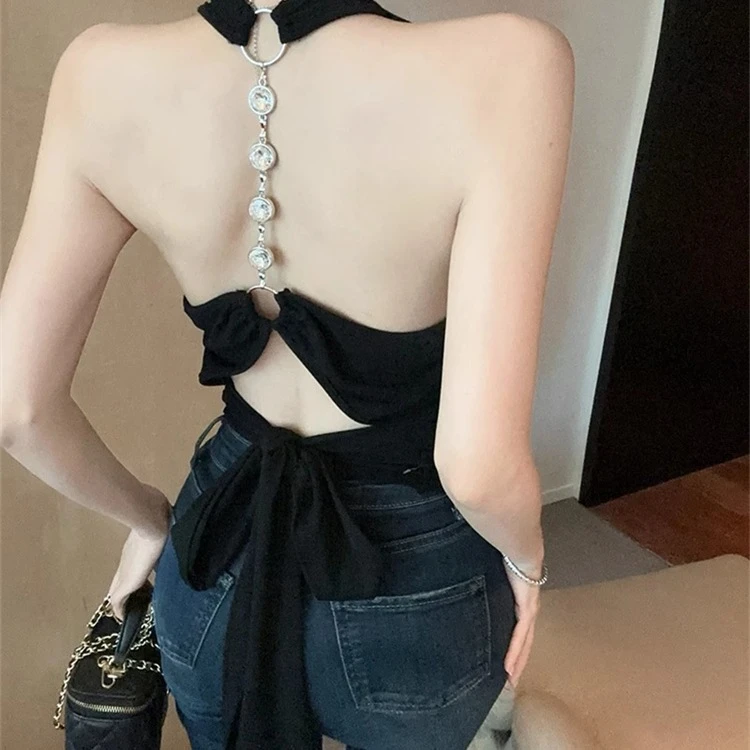 【260克莫代尔1x1】背镂空挂脖背心女外穿夏季辣妹露背抹胸上衣