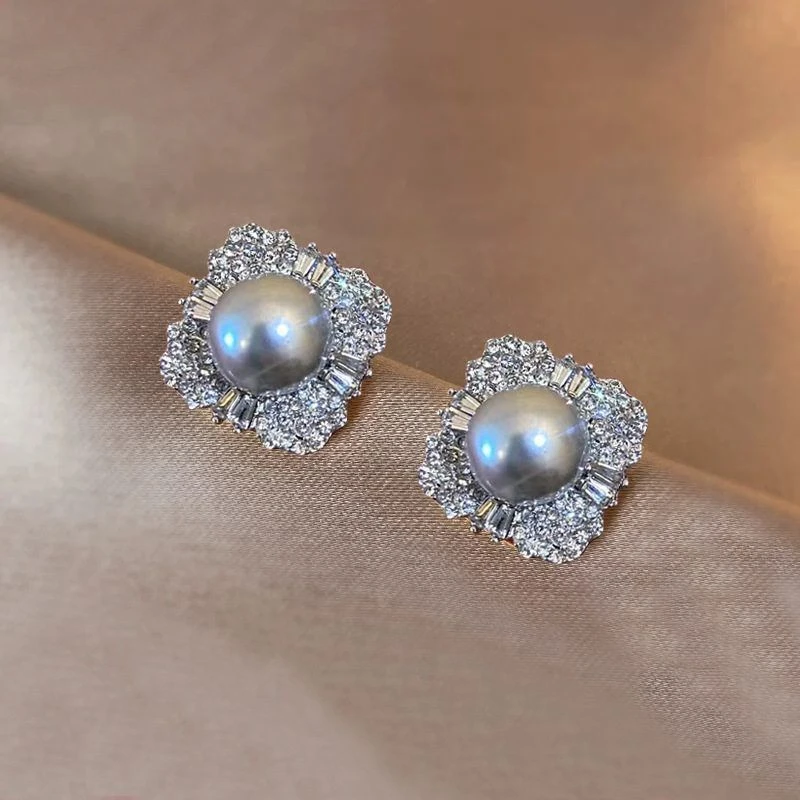 合金仿珍珠耳饰 闪钻灰色珠珠耳钉简约精致小众设计感气质耳饰