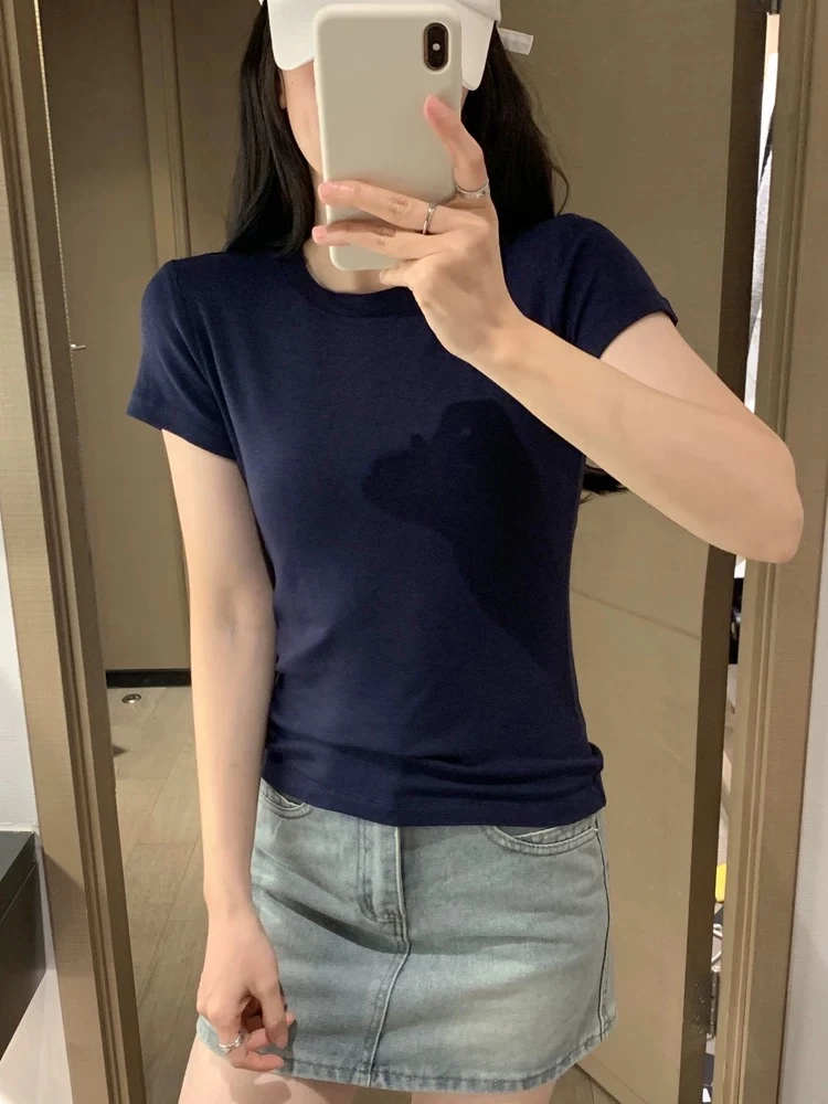 夏季修身辣妹短款紧身正肩上衣设计感小众美式短袖白色内搭t恤女