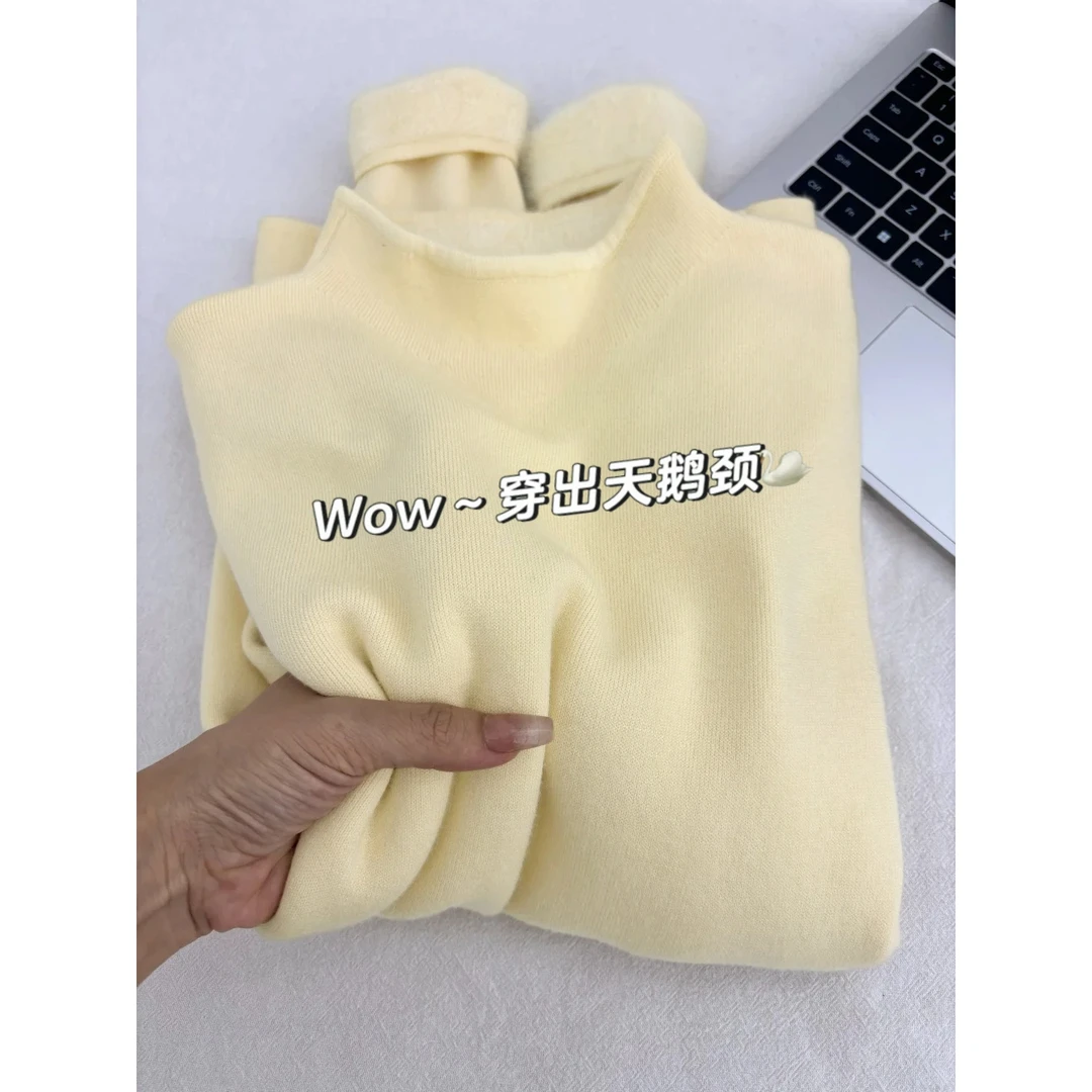 奶黄色减龄加厚一体绒毛衣女秋冬款内搭软糯针织衫半高领打底上衣