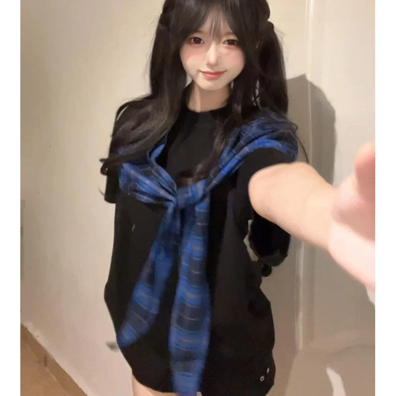 NASA ROAD设计感拼接格纹绑带美式短袖T恤男女情侣新款夏季上衣服