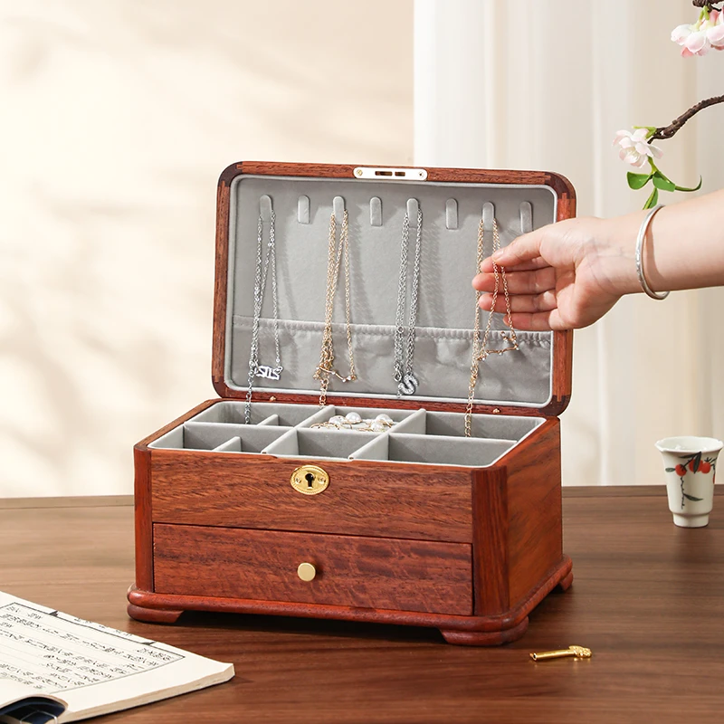 缅甸花梨木原木精致双层首饰盒大容量中式红木收纳盒高颜值