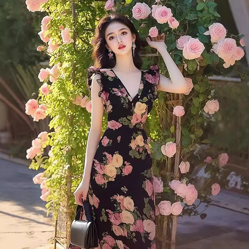 法式端庄大气别致绝美长裙高级感御姐风碎花裙女v领连衣裙子女夏