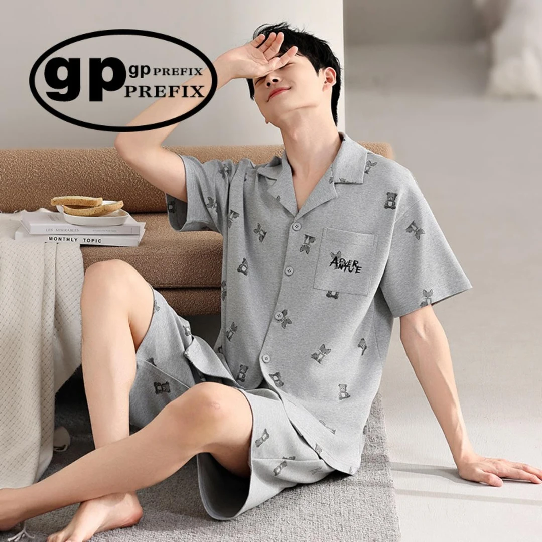 日系小众GP睡衣男款夏季纯棉短袖短裤可外穿薄款休闲加大码家居服