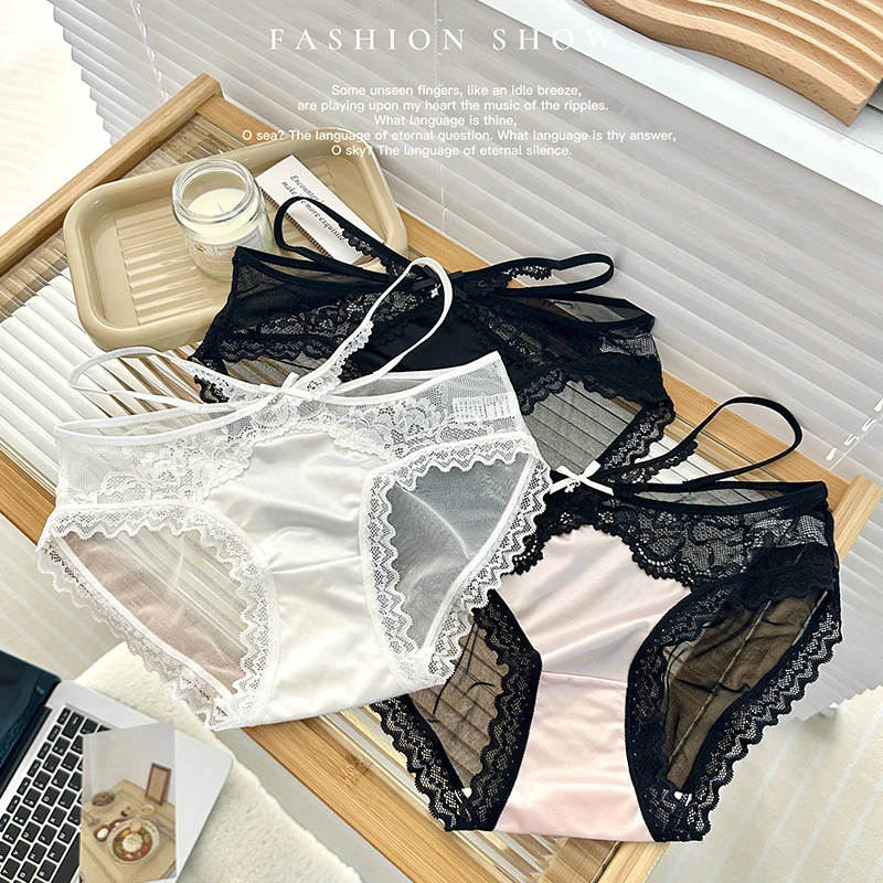 舒适薄款夏季蕾丝内裤性感细带镂空低腰滑绸缎面透气三角裤夏女士