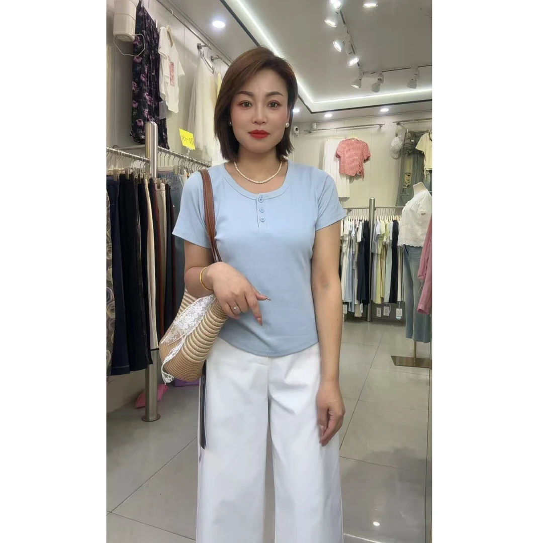 『樊范儿』夏季新款显瘦时尚百搭短款修身纯色纽扣上衣T恤女-24214