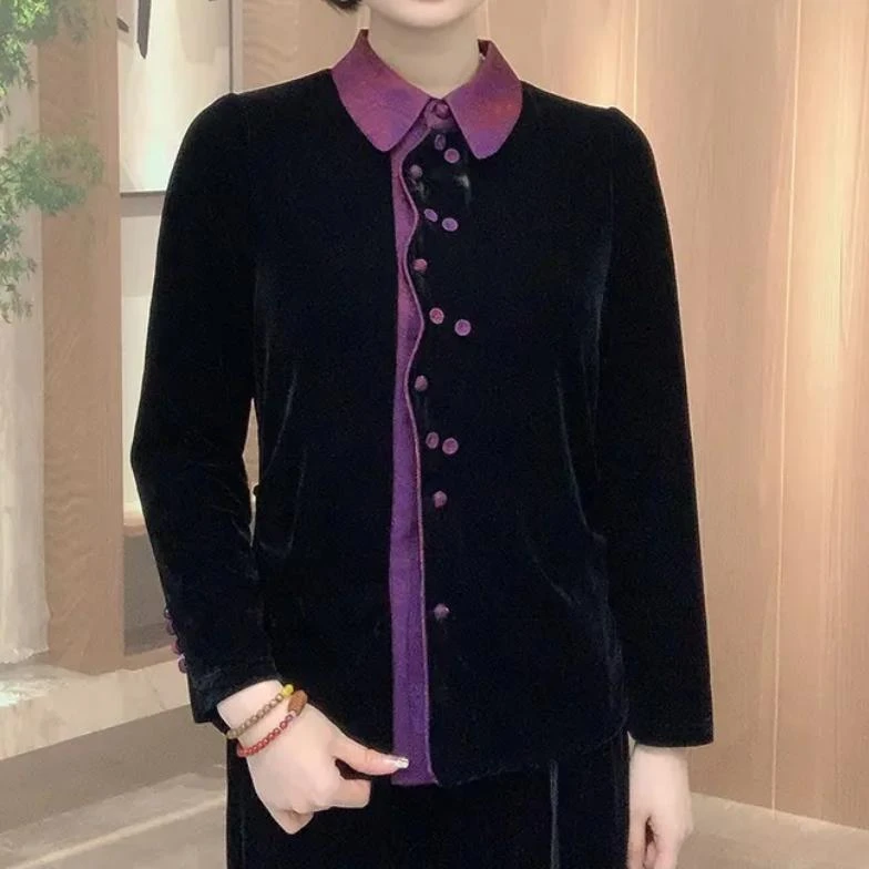 民族风常规宽松型薄款中老年女装秋冬衬衫金丝小香风