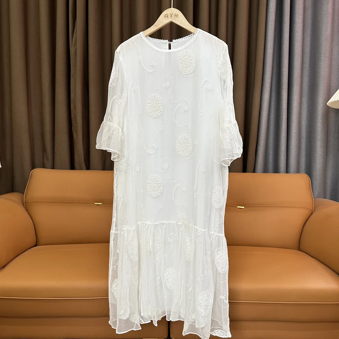真丝连衣裙女气质长裙2024夏季新款长袖仙女裙白色桑蚕丝裙M2488