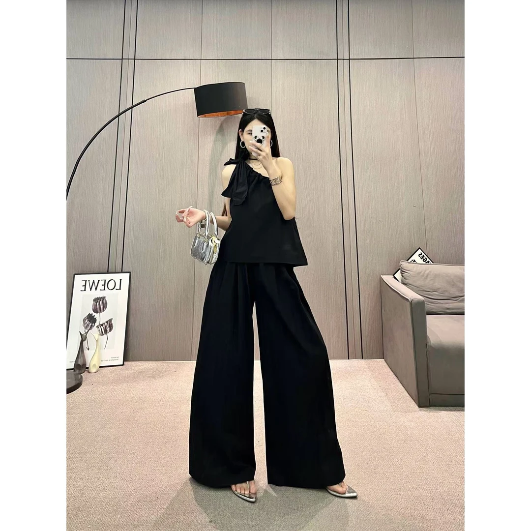 XIAOQIN【左岸午后】夏季减龄斜肩绑带松紧上衣直筒阔腿裤套装T039