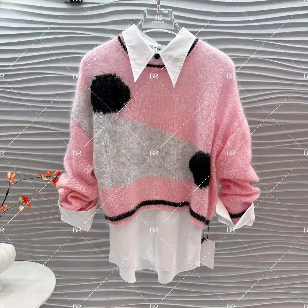 【JJ】BR2025秋冬减龄马海毛拼接色块短款套头毛衫毛衣针织衫女5489