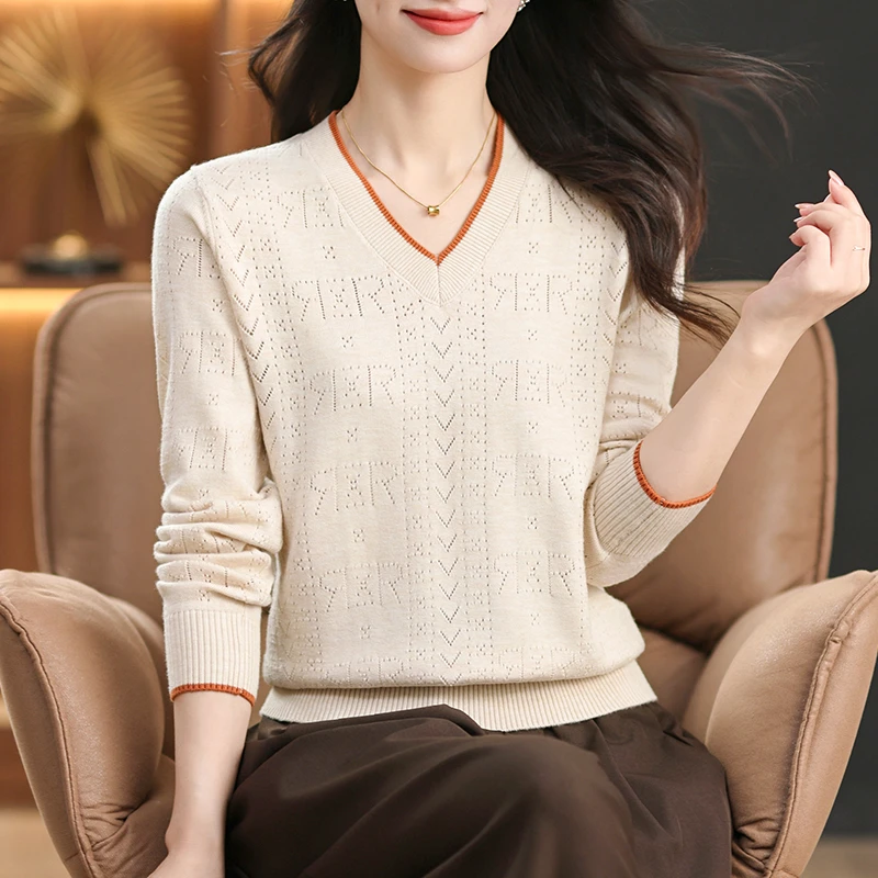 【早秋新品】V领长袖针织衫女气质上衣宽松百搭女装显瘦洋气打底衫