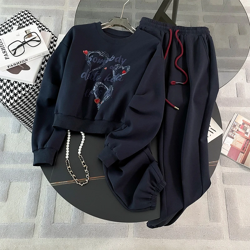高端气质时尚休闲运动套装女春秋新款慵懒风深蓝色卫衣卫裤两件套
