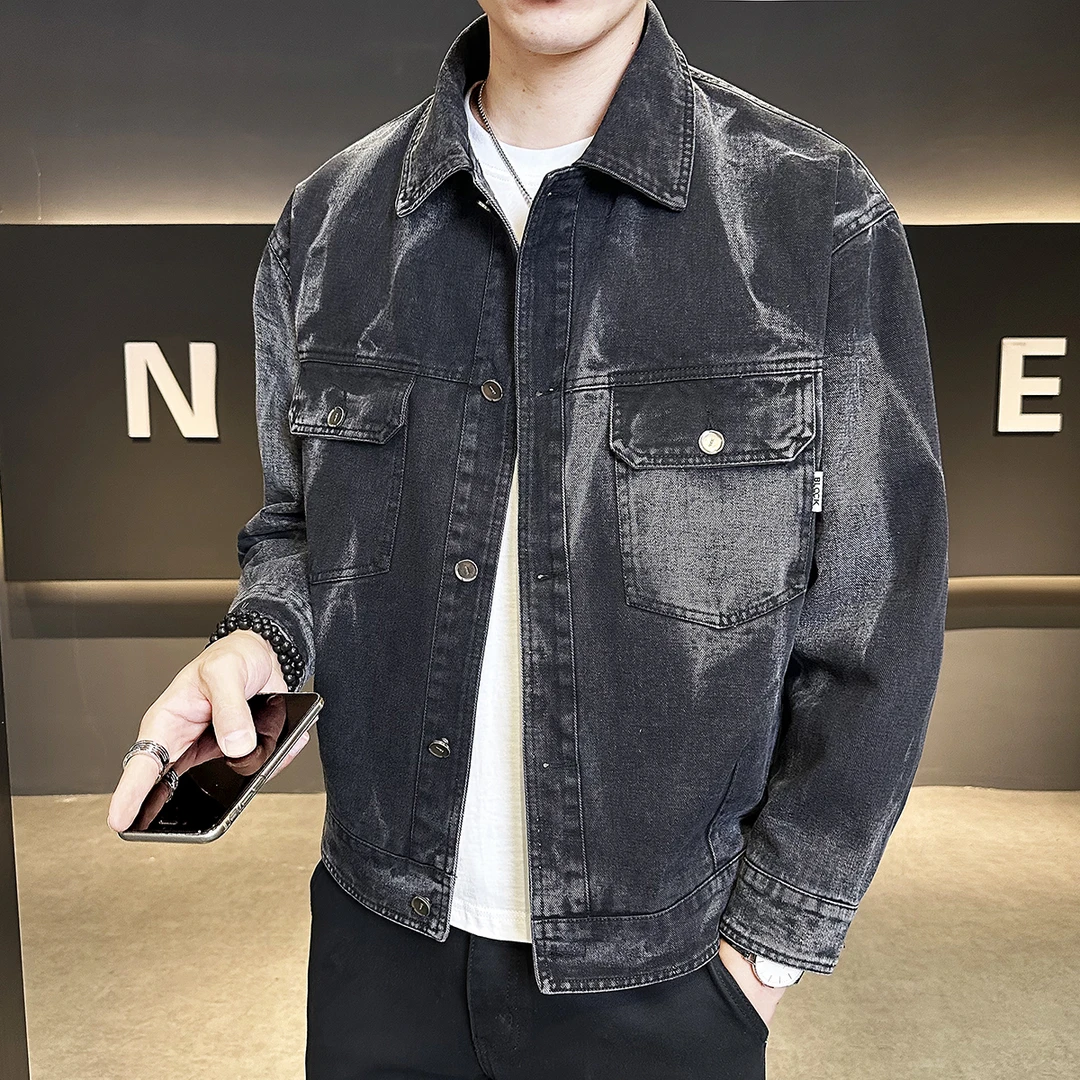 吉伦略索复古做旧牛仔外套男秋季时尚潮流廓形百搭翻领夹克上衣