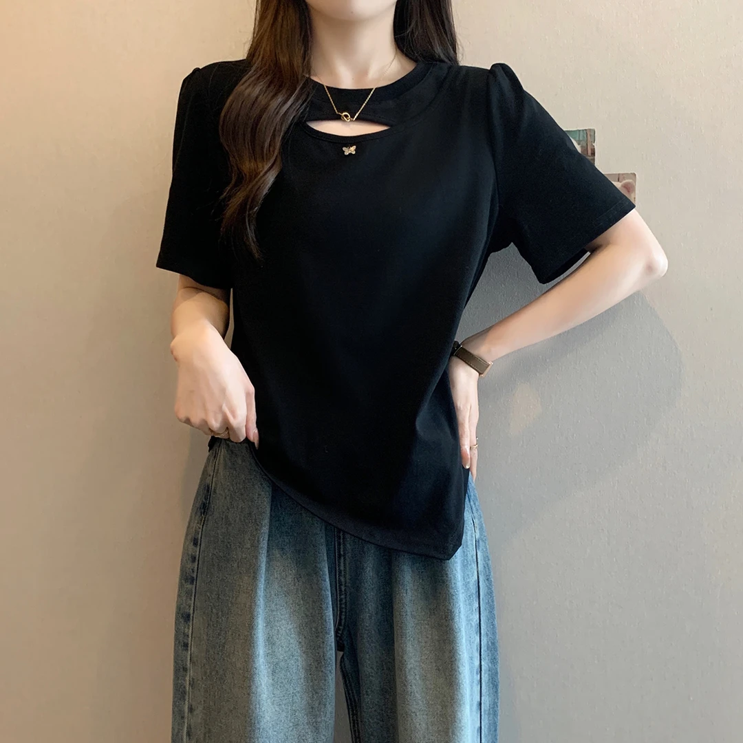 2025春季新款胖mm大码女镂空正肩短袖t恤收腰褶皱不规则显瘦上衣