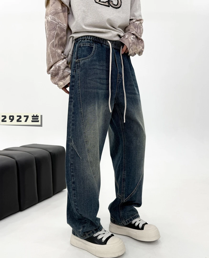 寶丹大码男士欧版牛仔裤阔腿裤港洗秋装高街ins长裤男秋冬2927兰