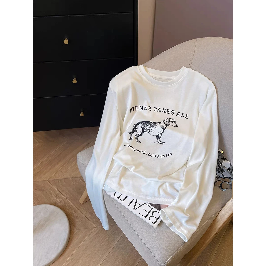 字母小狗印花休闲长袖T恤女2025春季新款白色宽松圆领打底衫