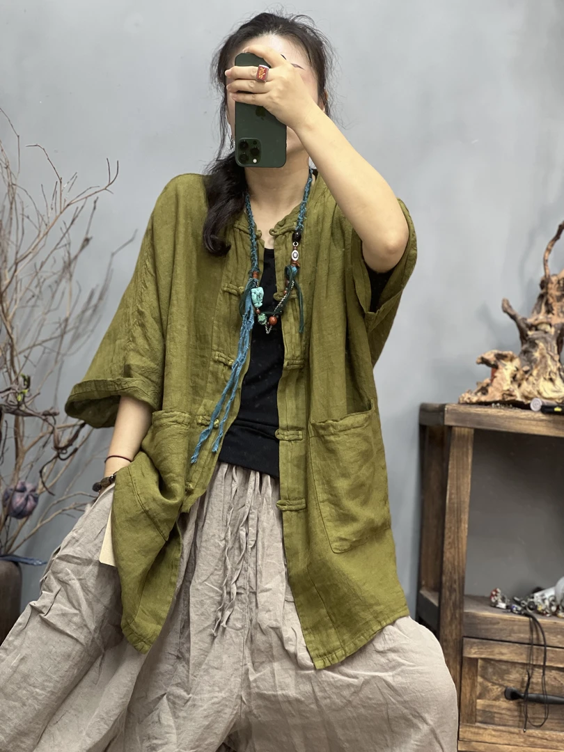 FF 6931 夏季新品亚麻盘扣复古文艺休闲女士上衣 胸围144长72