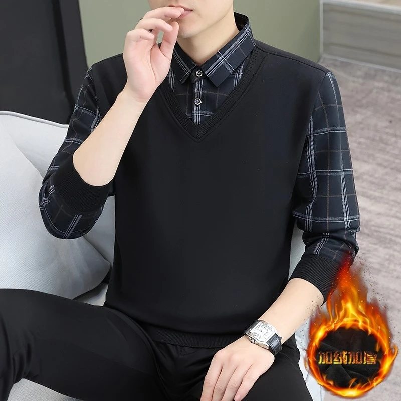 男士加绒加厚假两件保暖长袖时尚休闲潮流秋冬季衬衫领针织修身韩