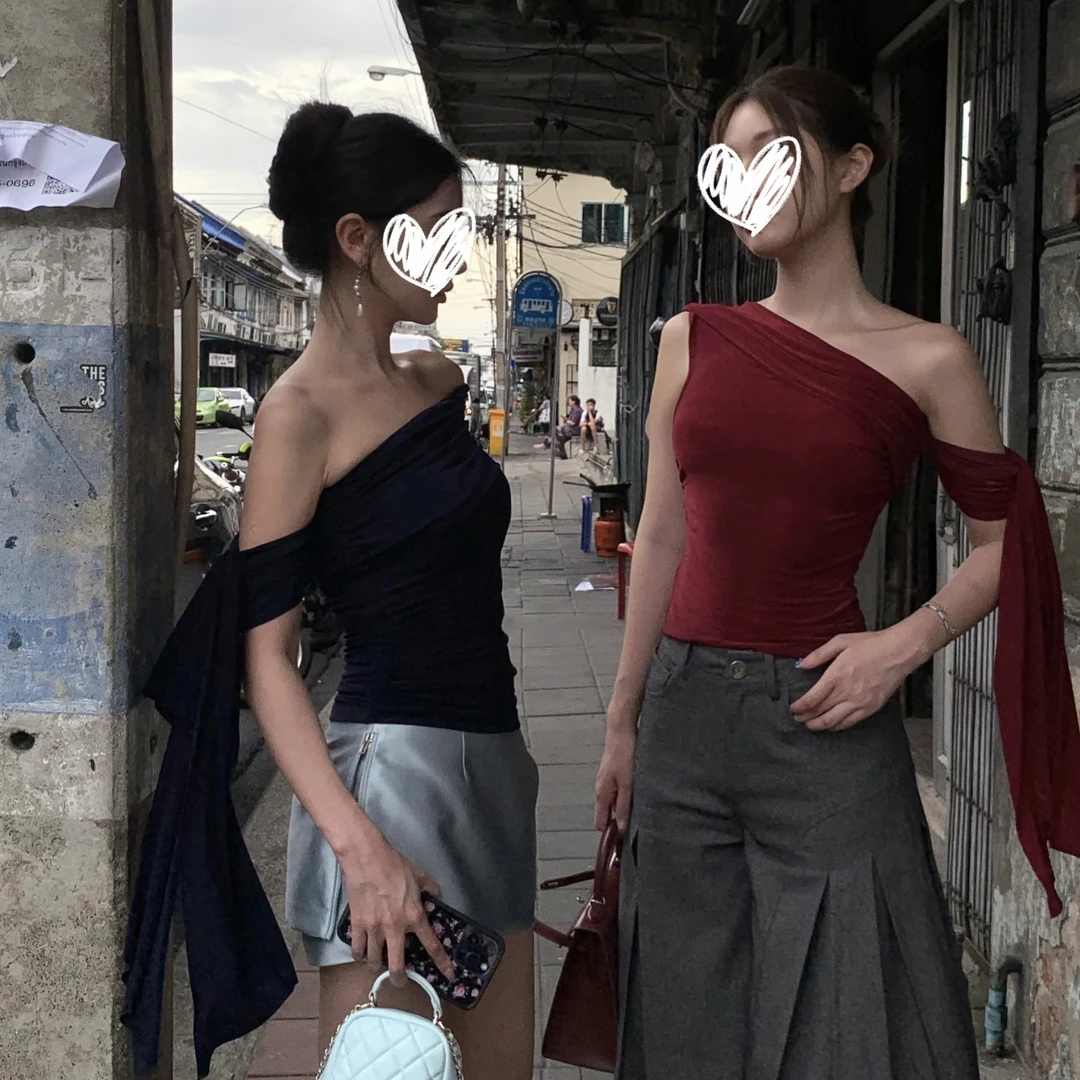 气质性感辣妹一字领斜肩无袖T恤夏季纯欲修身别致飘带上衣显瘦