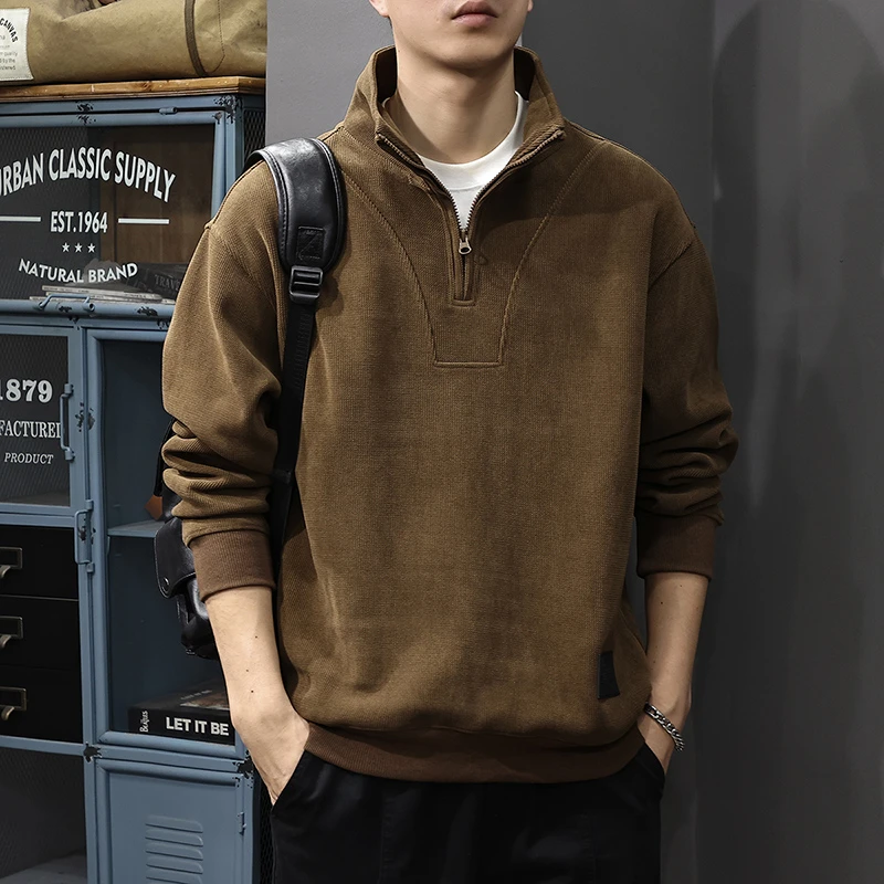 秋季新款2025灯芯绒卫衣男春秋潮牌长袖polo衫男士半拉链立领上衣