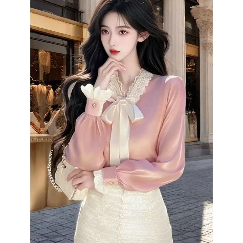 粉色缎面高级感名媛蝴蝶结长袖衬衫女新款设计感独特超好看上衣潮