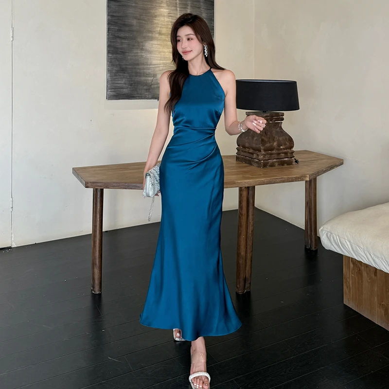 2025夏季法式锻感褶皱连衣裙女高级感气质收腰显瘦名媛包臀裙子女