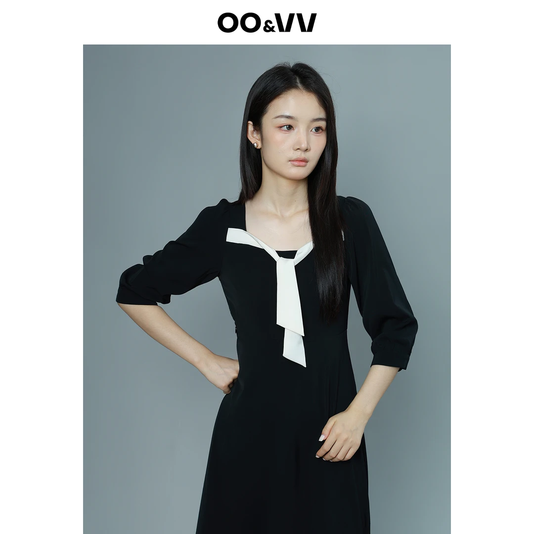 OO&VV黑白撞色立体剪裁飘带装饰方领七分袖连衣裙女2025秋新开叉