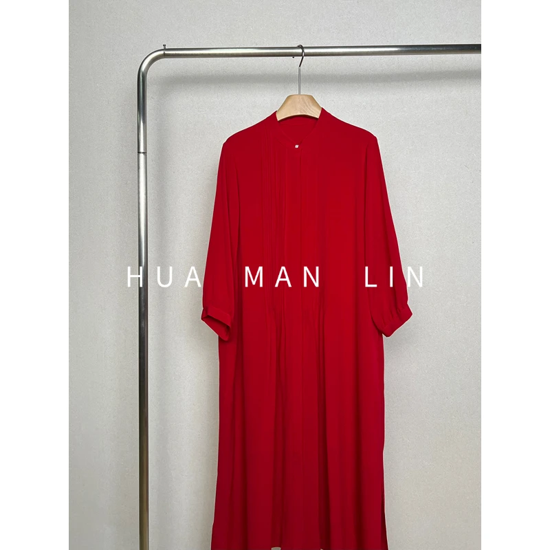 【花满林】立领打条钻钻扣鬼绉桑蚕丝长袖连衣裙259141